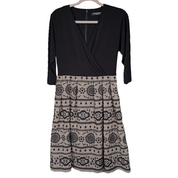 Ellen Tracy Womens Wrap Dress Size 8 Black Tan Embroidered Dark Cottagecore Twee - Picture 1 of 11